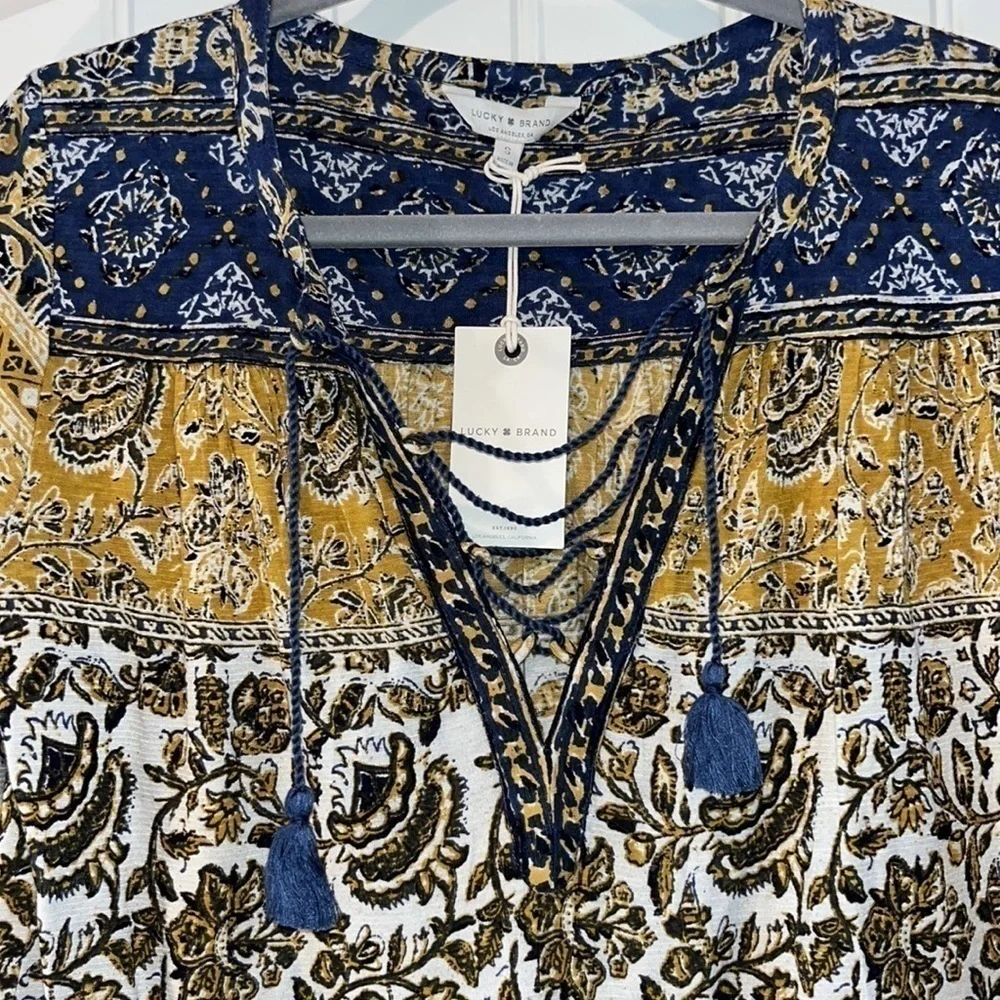 Lucky brand NWT boho hippie western lace up tassel blouse size small
